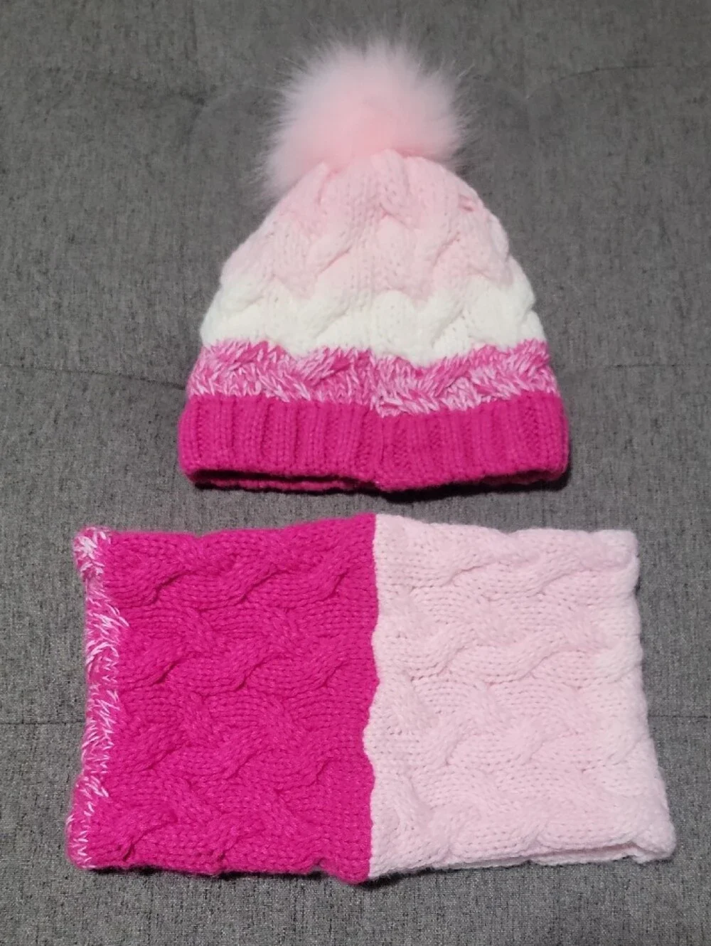 Cozy Pink Ombré Cable Knit Pom Beanie and Scarf Set